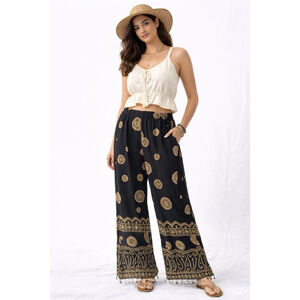 Caribbean Pacific Boho Wide Leg Pants Black Gold Beaded Rayon Size L